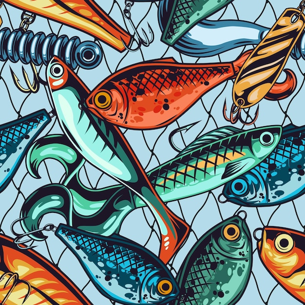 漁師のネットでヴィンテージスタイルのさまざまな人工アクセサリーを使った釣り餌とルアーのシームレスなパターン