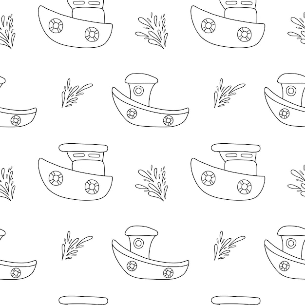 Fishing boat amd splashes on vector seamless pattern