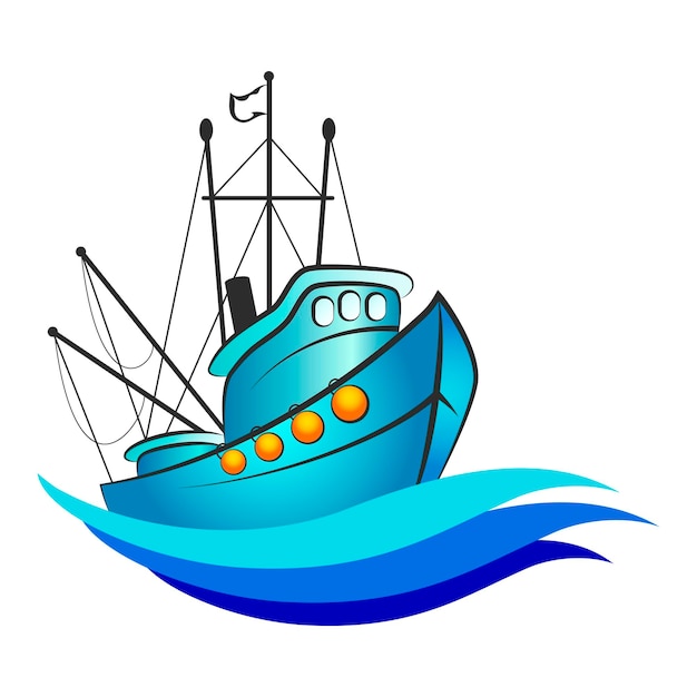 Fishing boat on blue waves design