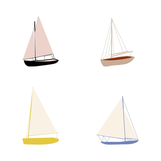 Fishing boat drawing set isolated on white Colorful icon collection Kid toy style