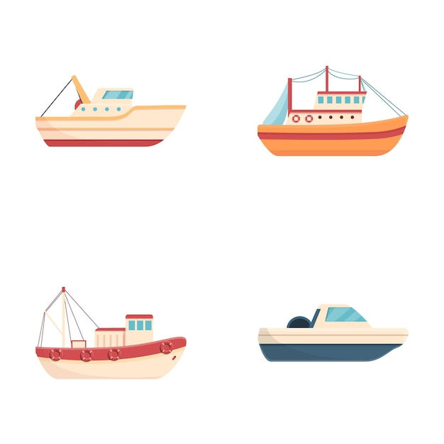 Fishing boat icons set cartoon vector Various commercial fishing vessel