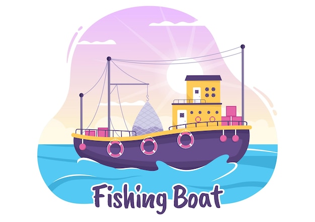 Fishing boat illustration with fishermen hunting fish using ship in hand drawn vector templates