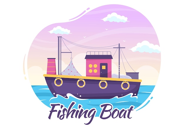 Fishing Boat Illustration with Fishermen Hunting Fish Using Ship in Hand Drawn Vector Templates