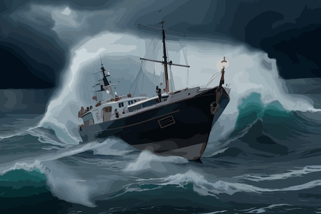 Vector fishing boat navigating during a storm thunder rain big waves on the ocean black boat setting sails