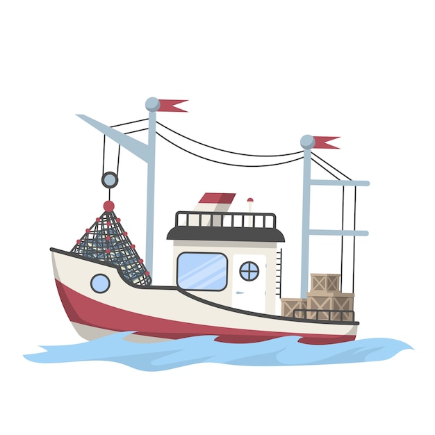 Vettore barca da pesca o nave piena di pesce. cattura di pesce in mare o nell'oceano per la produzione di frutti di mare. illustrazione