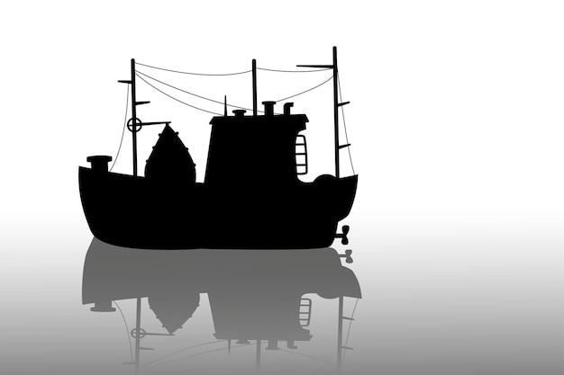 Силуэт рыбацкой лодки Морское судно Черноморский корабль с краном и снастями Коммерческая баржа Промышленная морская быстроходная лодка Траулерная тень Рыболовный буксир Векторный контур дизайна