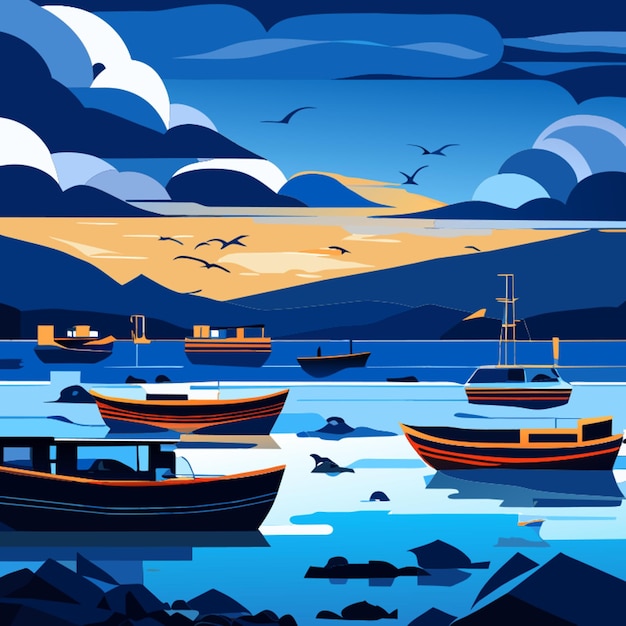 Vector fishing boats in sea blue sky vector illustration