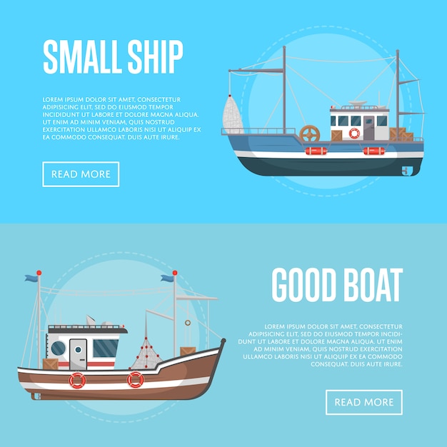 Vector fishing business banners with small boats