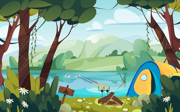 Fishing by a river valley or shore vector banner