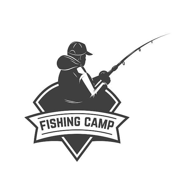 Vector fishing camp. emblem template with fisherman. design element for logo, label, sign, poster. vector illustration