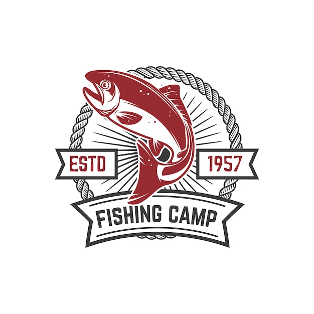 Fishing camp. Emblem template with salmon fish.  element for logo, label,  sign.  image