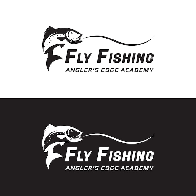 Vector fishing club logo with angler and creative jumping fish
