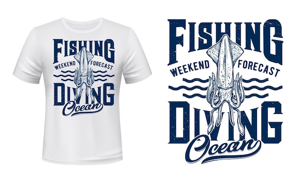 Vector fishing and diving tshirt vector print with squid