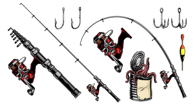 Vector fishing elements vintage colorful composition with float spinning rods reel hooks and metal can of worms isolated