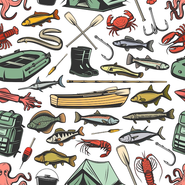 Vector fishing equipment and fishes seamless pattern