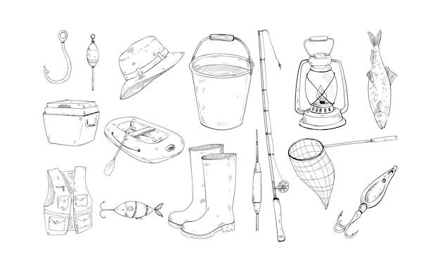 fishing equipment handdrawn collection