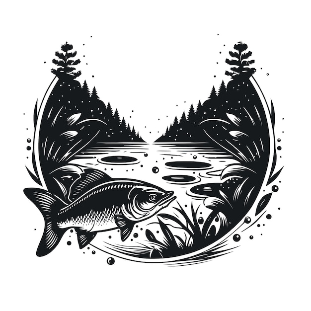 Fishing fish in the water blank and white vintage logo design template