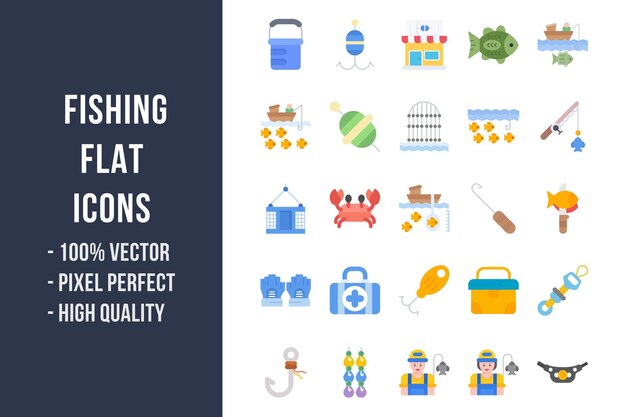 Vector fishing flat multicolor icons