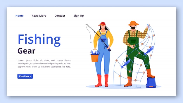 釣り道具ランディングページベクトルテンプレート。海洋の職業のウェブサイトインターフェイスのアイデアとフラットのイラスト。漁師のホームページのレイアウト。釣り道具ランディングページ