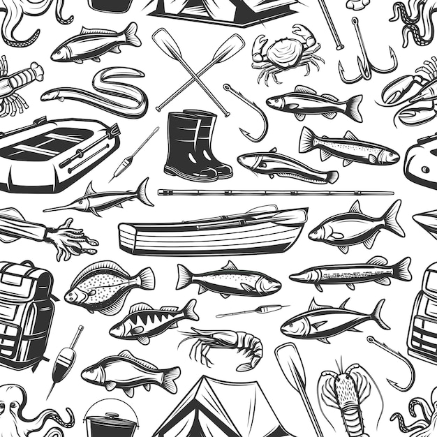 Premium Vector  Fishing gear and seafood pattern