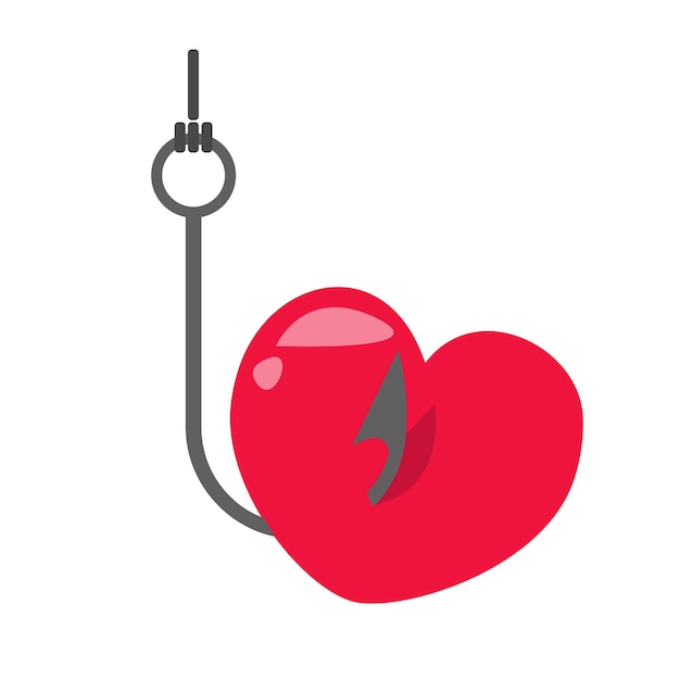 Fishing hook with a bait in the form of a heart. Vector illustration in cartoon style