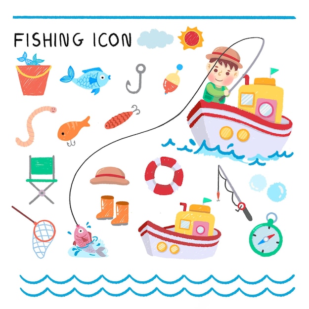 Fishing icon Hand Drawn colorful