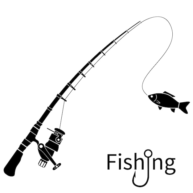 fishing icon silhouette concept rod black pictogram with fish template banner for web design and print used sticker emblem badge spinning rods with catch vector flat isolated white background