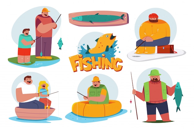 Иллюстрация рыбалки с набором символов рыбака, изолированные на белом фоне.