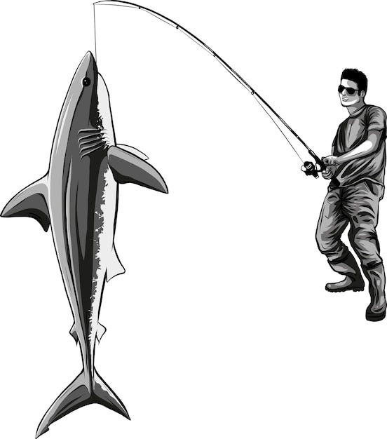 ベクトル サメと漁師の釣りラベル