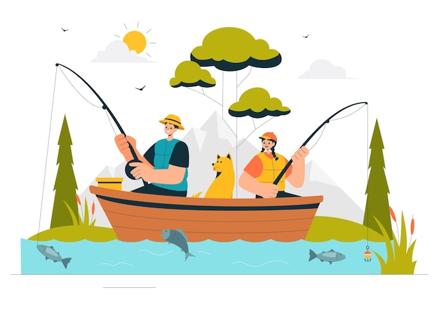 fishing leisure vector illustration featuring a fishing experience with sport angler and bait from the lake shore and on a boat in an recreation