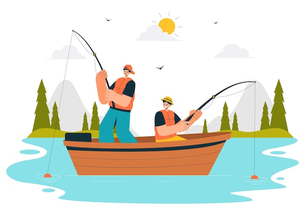fishing leisure vector illustration featuring a fishing experience with sport angler and bait from the lake shore and on a boat in an recreation