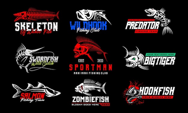 낚시 로고 번들 독특하고 신선한 생선 해골 낚시 로고 템플릿은 낚시 회사 로고로 사용하기에 좋습니다.