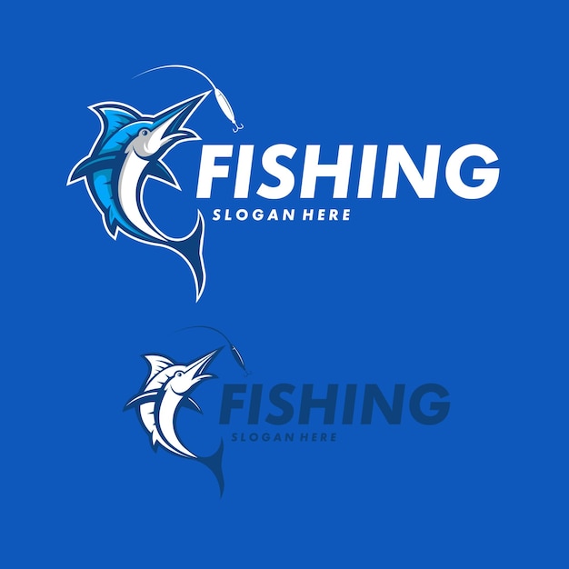 Fishing logo design illustration vector Marlin eats the fishing bait