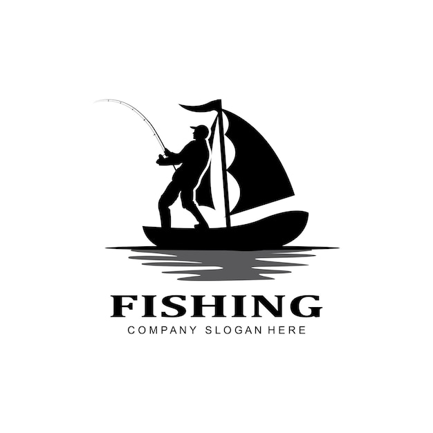 Fishing logo icon vector catch fish on the boat outdoor sunset silhouette design