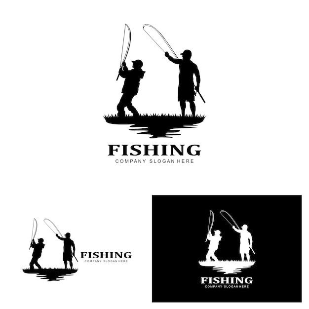 Fishing logo icon vector catch fish on the boat outdoor sunset silhouette design