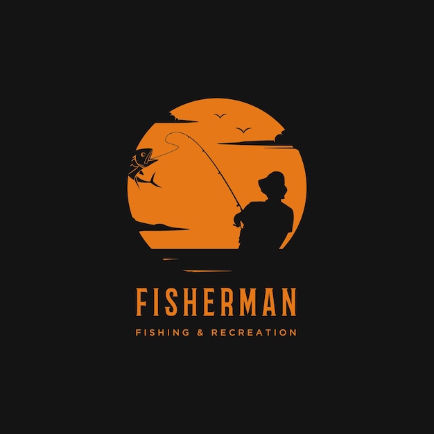 Illustrazione della silhouette del logo di pesca al design del tramonto vettore del logo del pescatore del pescatore