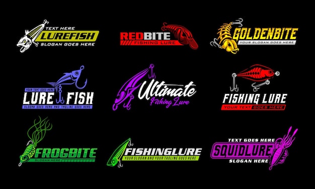 Fishing lure logo bundle modello di logo di esche da pesca unico e fresco ottimo da usare come logo della tua compagnia di pesca