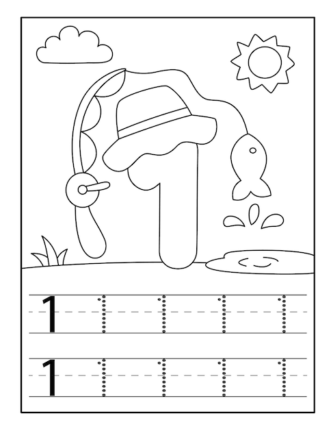 Fishing number coloring pages for toddlers