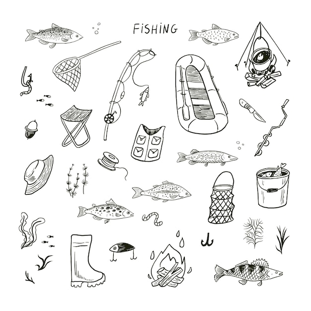 Fishing objects vector doodle illustrations set