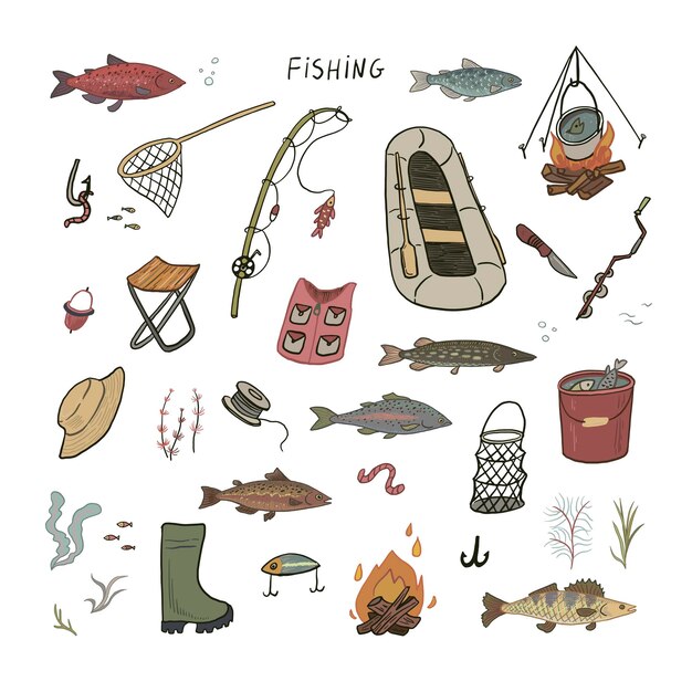 Fishing objects vector doodle illustrations set