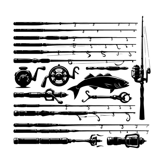 Fishing pole rod silhouette set vector illustration