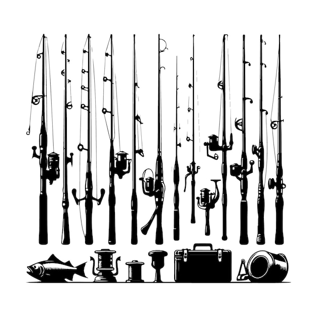 Vector fishing pole rod silhouette set vector illustration