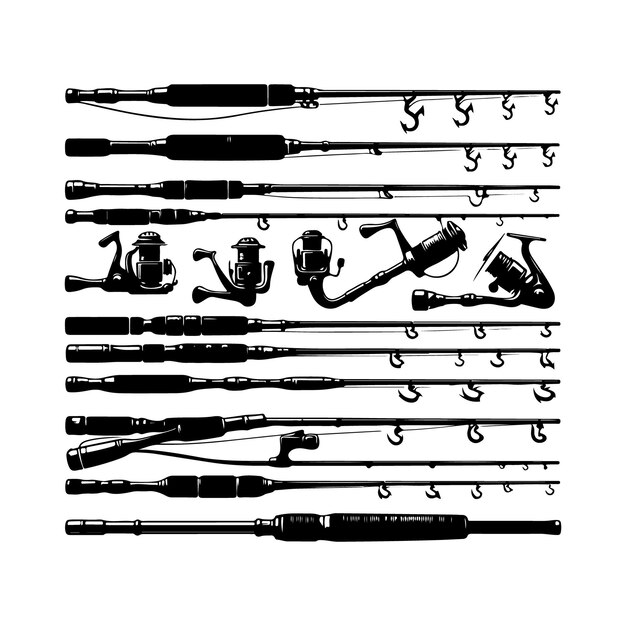 Vector fishing pole rod silhouette set vector illustration