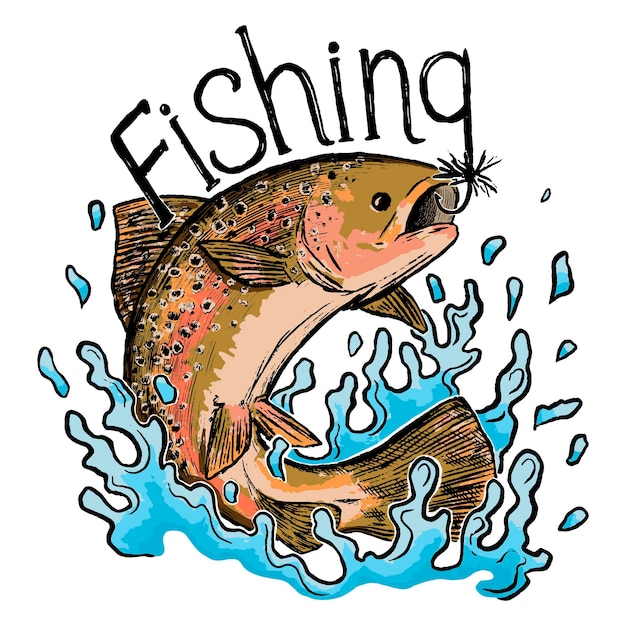 Premium Vector  Fishing print, lettering. rainbow trout jumps out of the  water. colored picture isolated on white background. retro engraving for  design. hand drawn vector illustration.