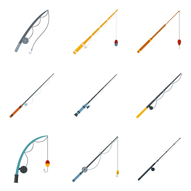 Fishing rod icons set. flat set of fishing rod vector icons isolated on white background