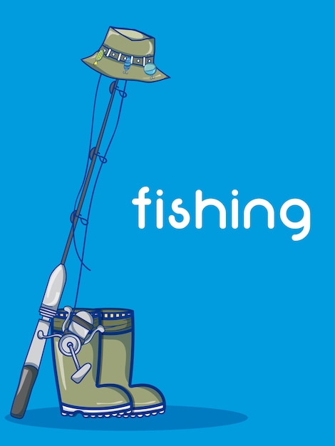 Fishing rod with hat and boots cartoons 