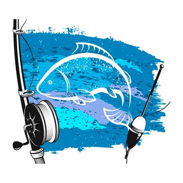 Premium Vector  Fishing rod with reel and float blue water waves