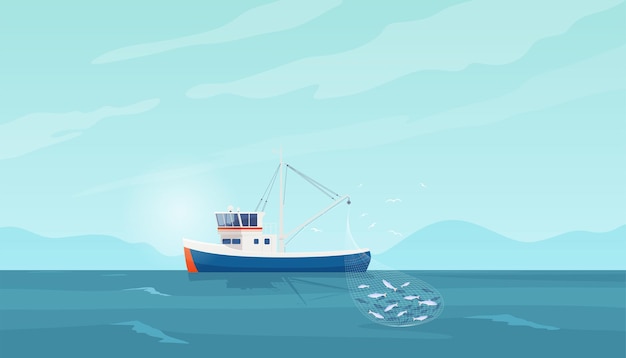 Fishing sea boats commercial fishing in large quantities sea background with fishing ship