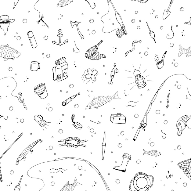 Fishing seamless pattern in doodle style.You can use each element separately.