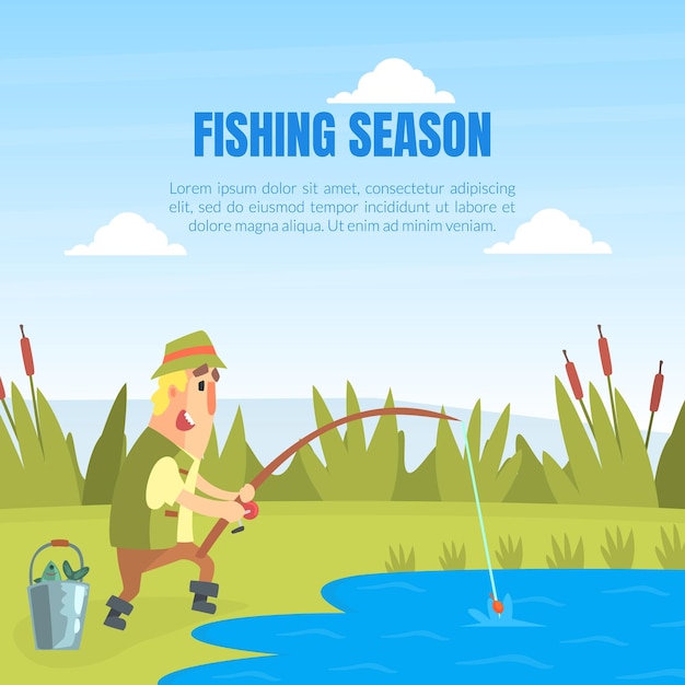 Vector fishing season banner template funny fisherman character standing on lake shore and catching fish with rod cartoon vector illustration
